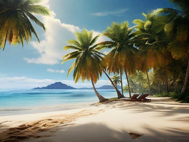 palm trees on the beach with a mountain in the background