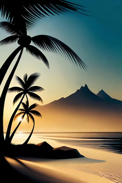 Palm trees on the beach with a mountain in the background