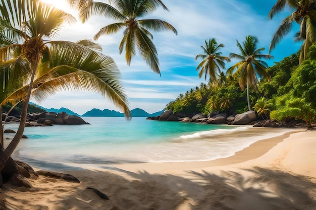 Palm trees on a beach with mountains in the background