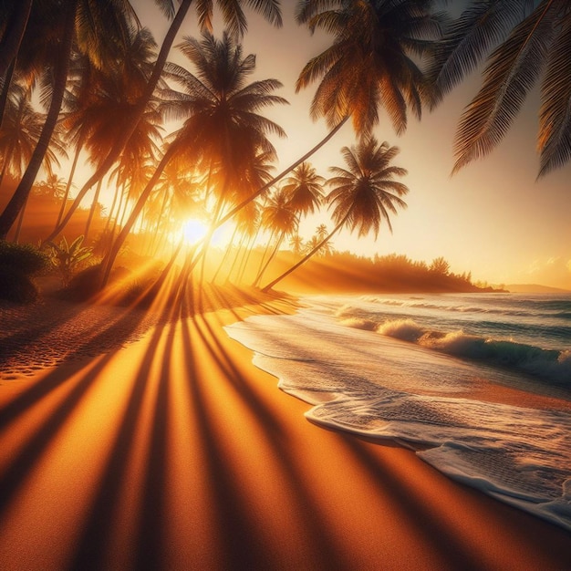 palm trees on the beach with sun rays in the background