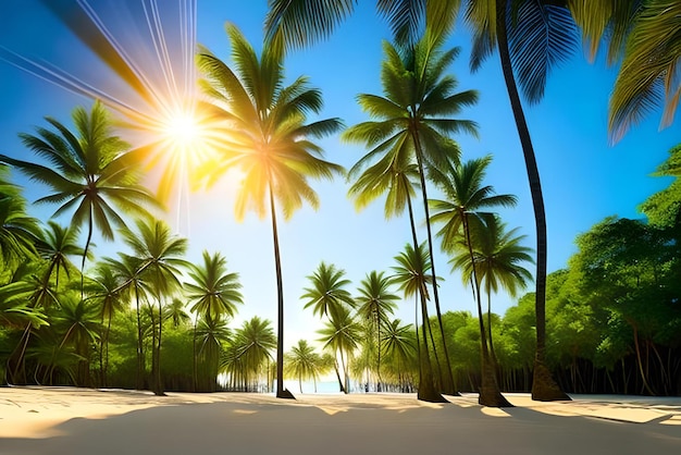 Пальмы на пляже с солнечными лучами
