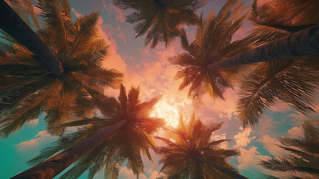 Palm trees on a beach with the sun shining through the clouds