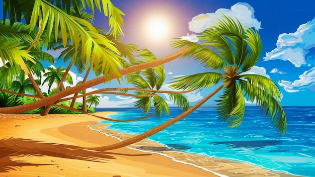 palm trees on a beach with the sun shining through the clouds