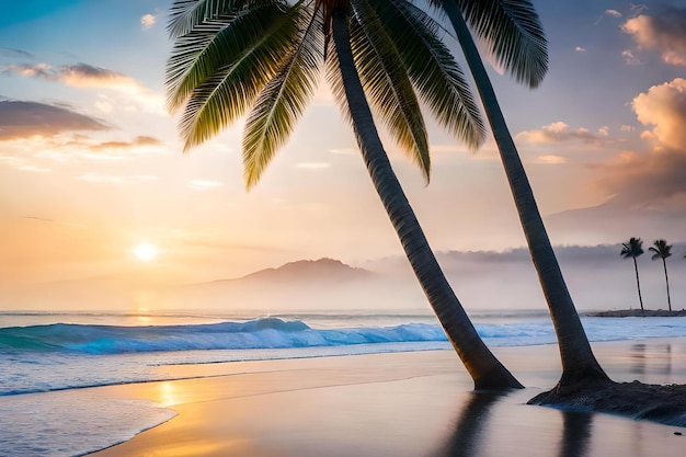 Palm trees on a beach with a sunset in the background