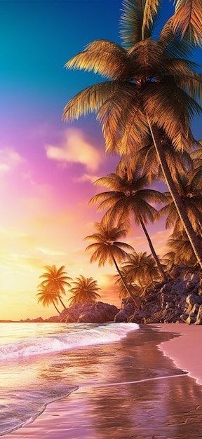 Photo palm trees on a beach with a sunset in the background