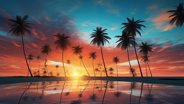 palm trees on the beach with sunset and sunset