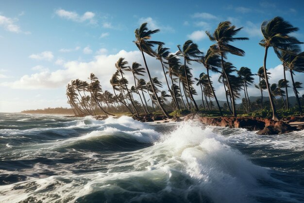 Palm trees bending in the wind