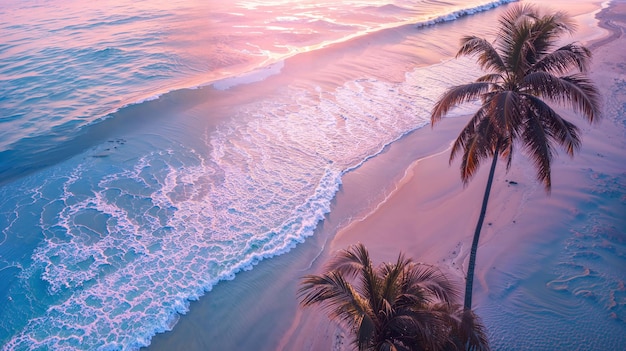 Palm trees by the waters edge waves crashing at sunset