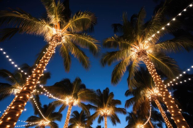 Palm trees decorated with Christmas garland night