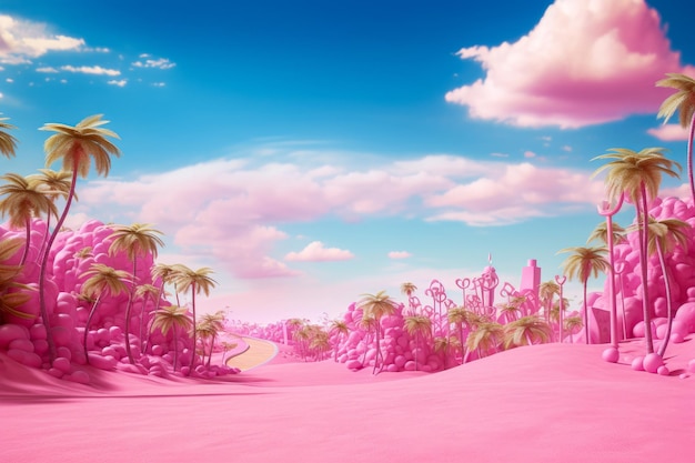 Palm trees in the desert illustration Pink background