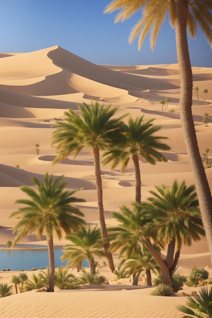 Palm trees in the desert with a blue lake in the background