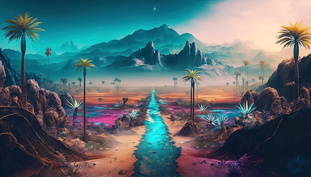 Palm trees in the desert with mountains on background Neon colored synthwave landscape Generative AI