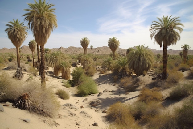 3Dは、ヤシの木の葉が砂漠のシーンに外を見てのレンダリング