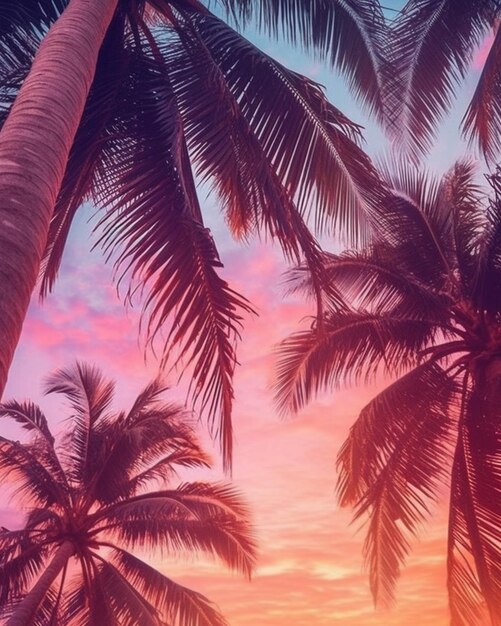 Photo palm trees in the foreground of a sunset sky with a pink and blue sky generative ai