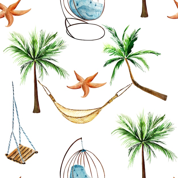 Palm trees and hammock by the sea watercolor seamless pattern