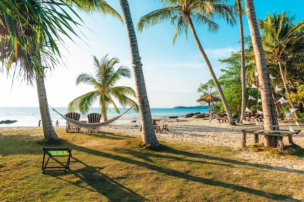 Foto palme su un'isola vicino alla spiaggia al mattino