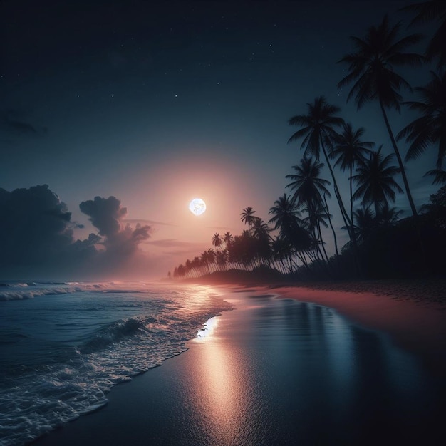 palm trees line the beach at night