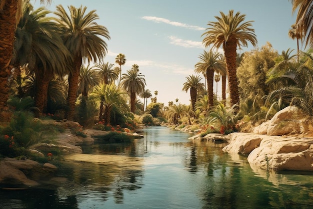 palm trees line a riverbank with palm trees in the background