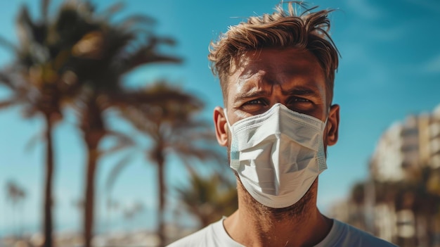 Palm trees and a man wearing a mask