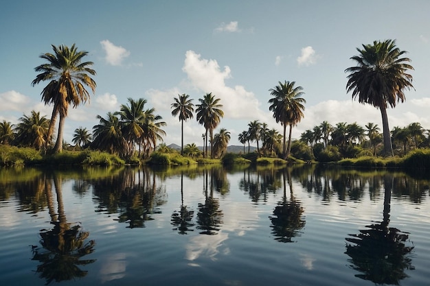 Photo palm trees mirrored in a glassy ake