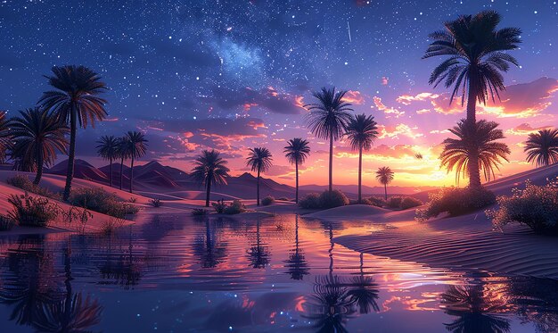 пальмы в ночном небе со звездами и луной
