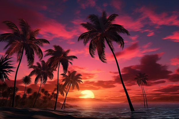 palm trees in pink sky on the sunset