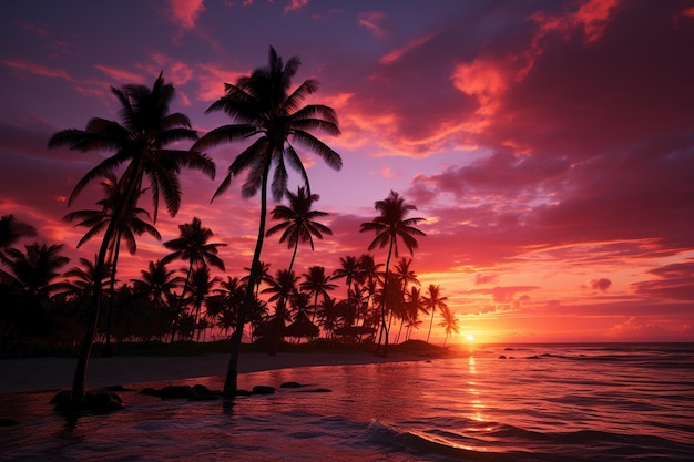 palm trees in pink sky on the sunset