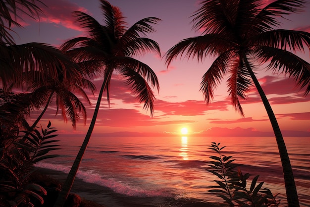пальмы в розовом небе на закате