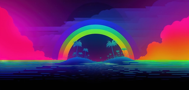 Palm trees and rainbow 80s landscape in vaporwave style Retrowave vacation background with tropical sunset and palms Generated AI