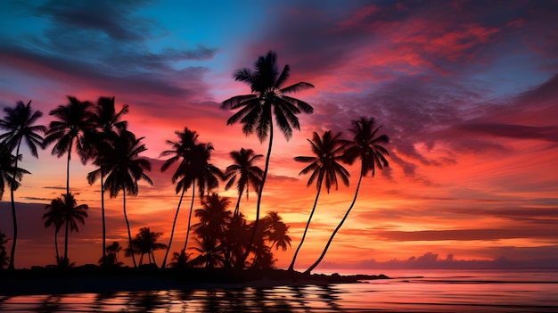 浜辺 の 鮮やかな 夕暮れ の 空 に 対し て く 描か れ て いる パーム の 樹木