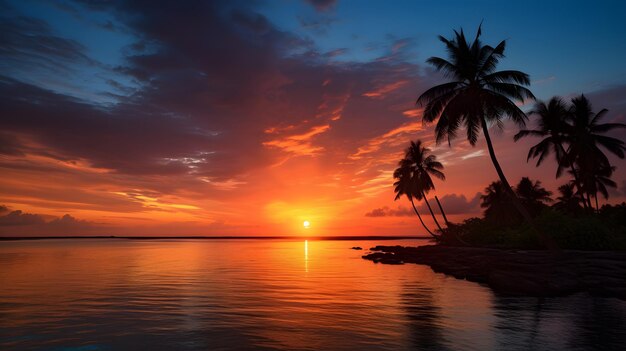 Palm trees silhouetted against a vibrant sunset sky on the beach