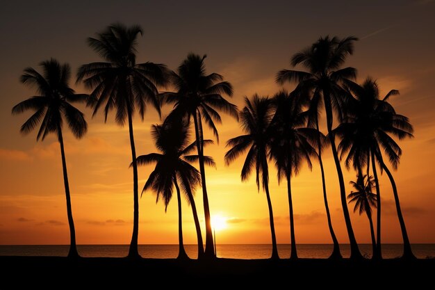 Palm Trees Silhouettes On Tropical Beach At Sunset Ai generative