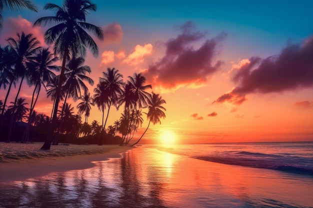 Palm trees silhouettes on tropical beach at sunset