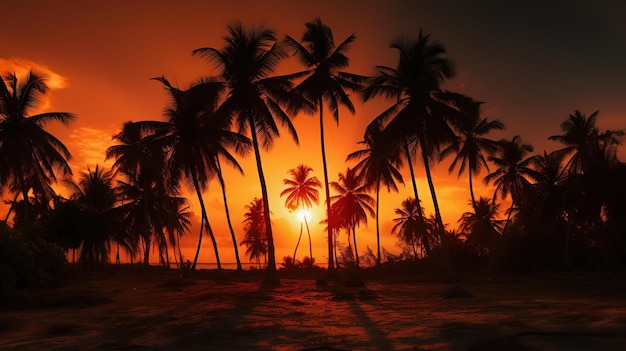 Palm Trees Silhouettes On Tropical Beach At SunsetGenerative AI