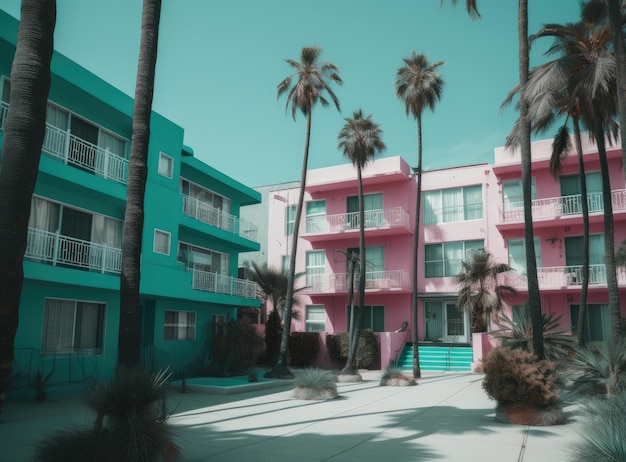 Palm trees on sky background in infrared style Tropical travel concept Minimalism and surreal Soft light pink colors