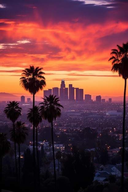 Palm trees and skyscrapers in Los Angeles at sunset