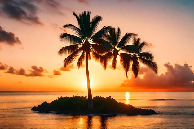 A palm trees on a small island with a beautiful sunset in the background