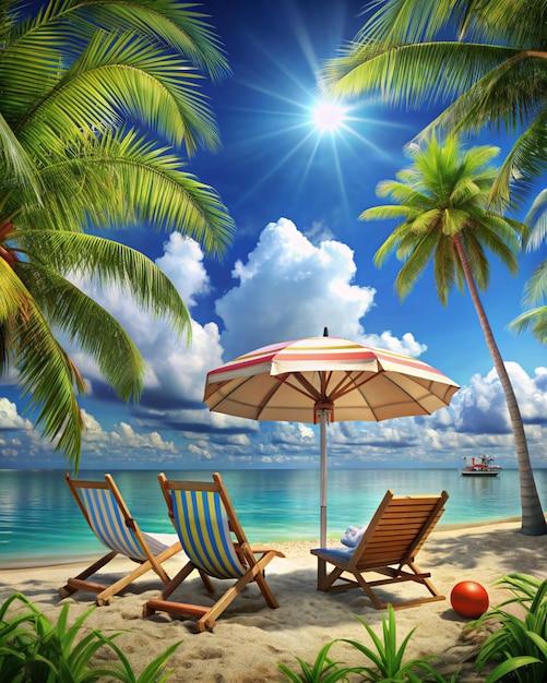 palm trees and a sun umbrella next to a beach Summer vacation beach background