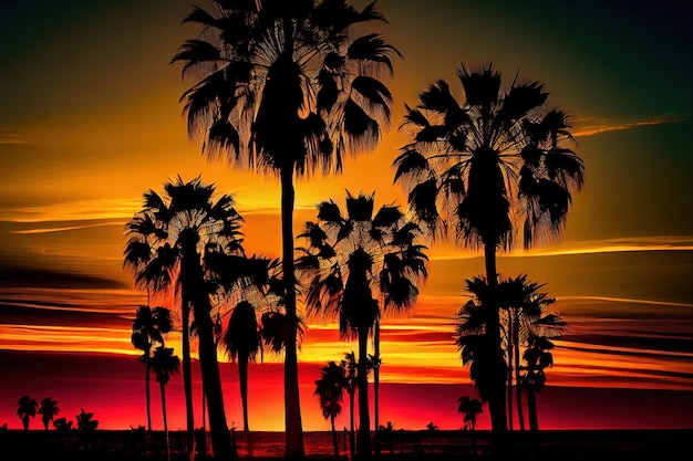 Palm trees at sunset generative ai