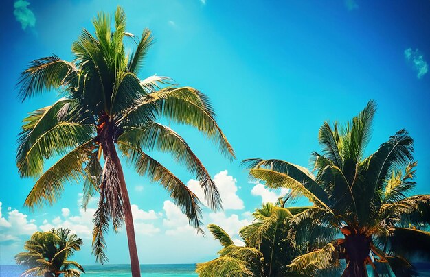 Palm trees swaying on the beach with blue ocean South Pacific Fantasy