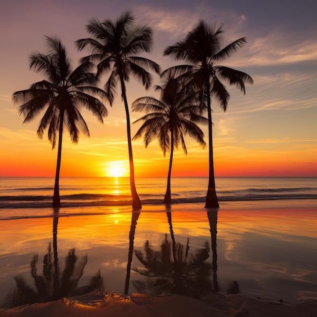 Palm trees on a tropical beach at sunset with a beautiful orange sky