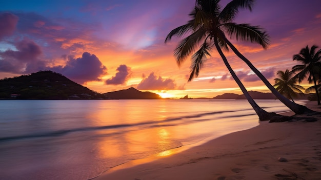 Palm trees on a tropical beach with a beautiful sunset sky