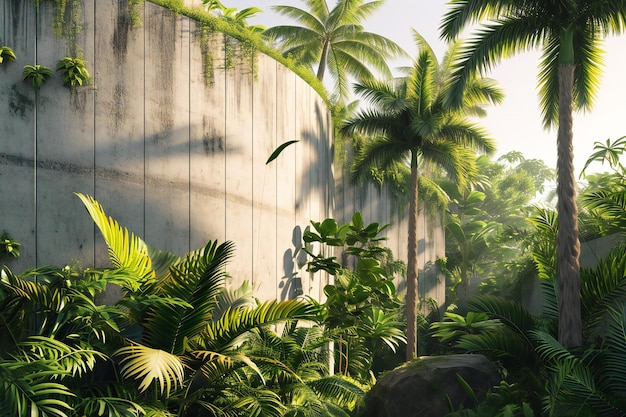 Palm trees in the tropical garden with sunlight and shadow on the wall