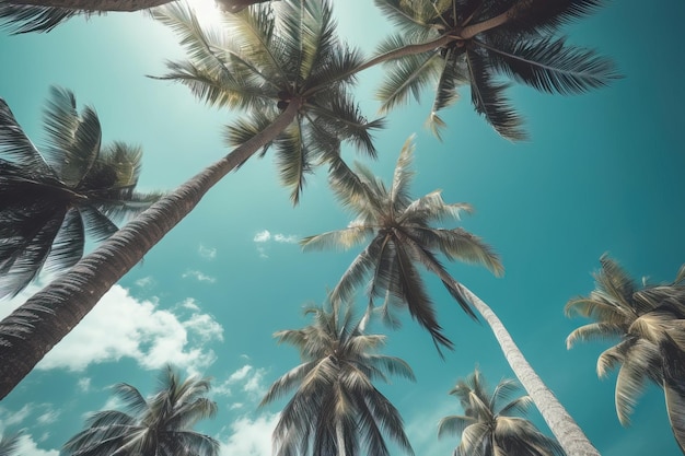 Palm trees views from below in a idyllic beach