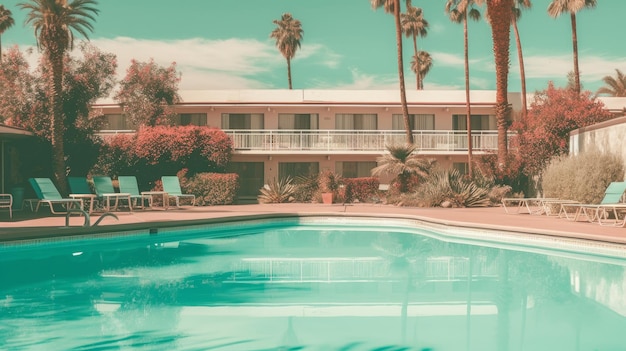 Palm trees and vintage hotel pool Generative AI