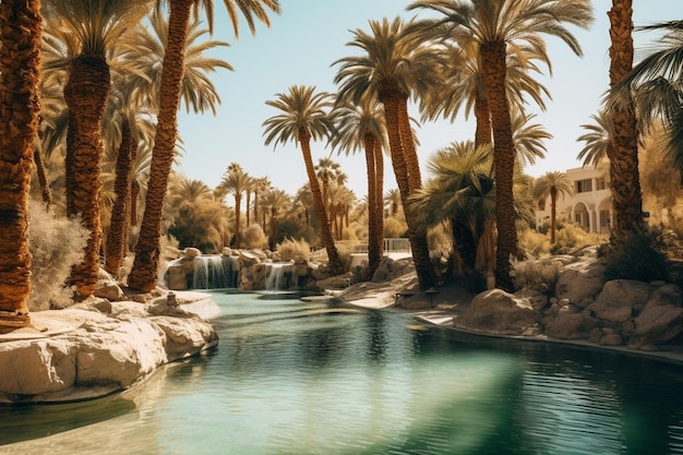 Palm trees and water in a desert landscape.