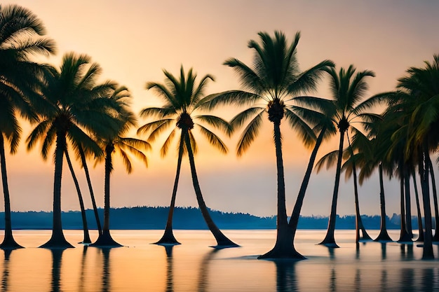 Palm trees in the water at sunset