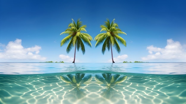 Palm trees in the water with a blue sky in the background