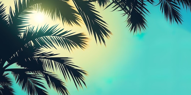 Palm trees with clear orange sky and flat background, silhouette with empty space for text