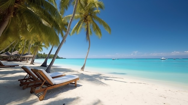 Palm trees with sun loungers on the caribbean tropical beach saona island dominican republic vacatio